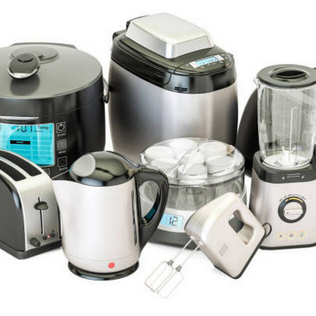 piccoli-elettrodomestici-da-cucina Set of kitchen home appliances. Toaster, kettle, mixer, blender, "yogurt maker", multicooker, grinder, bread machine, 3D rendering isolated on white background